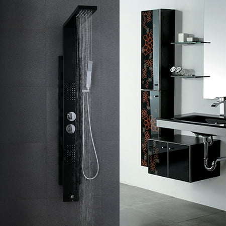 KES SUS 304 Stainless Steel Thermostatic Shower Panel 5-Function Waterfall Rainfall Shower Head Handheld Shower head Massage Sprays Tub Spout Bathroom Wall Rain Shower System, Matte Black, XPM2500-BK