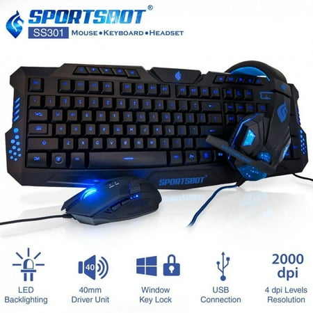 SportsBot SS301 Blue LED Gaming Over-Ear Headset, Keyboard & Mouse Combo Set