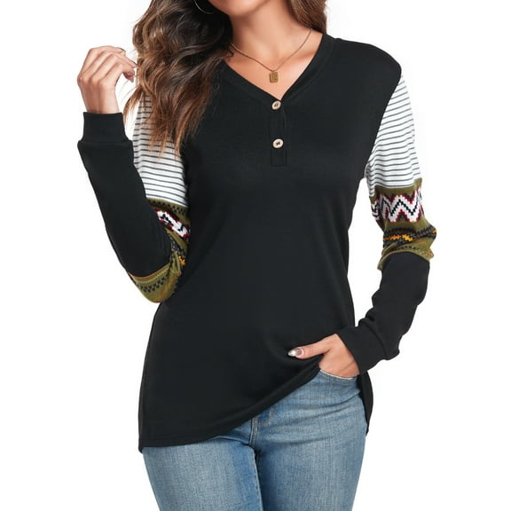 ANYJOIN Womens Button Up Long Sleeve Henley Tunic Tops V-Neck Casual Color Block Sweatshirt