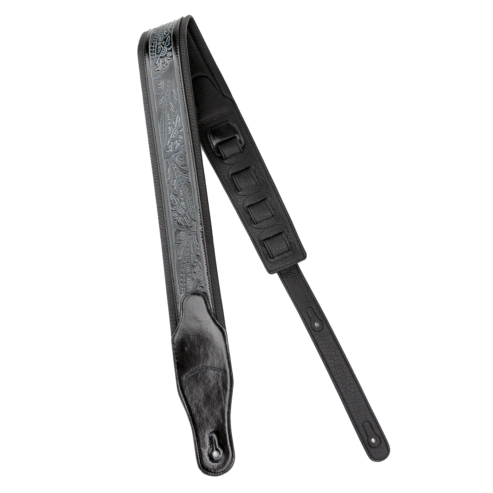 Walker & Williams G-118 Black on Black Padded Guitar Strap with Embossed Tooling & Padded Glove Leather Back