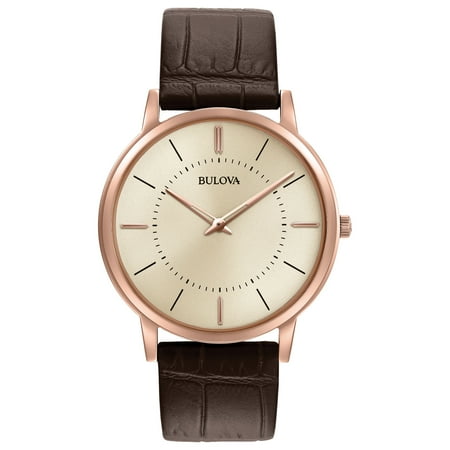 Bulova Men's Classic Warm Grey Dial Rose Gold Plated Steel Brown Leather Strap Ultra-Slim Watch 97A126