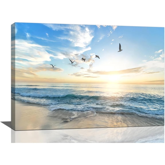 VELVET Beach Ocean Canvas Large Wall Art for Living Room Coastal Seagull Prints Seascape Sunrise Pictures Aesthetics Painting Artwork Office Home Decor for Bathroom Bedroom Dining 14x11inch Framed
