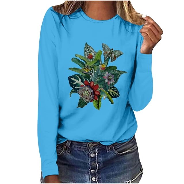 Pompotops T-shirt Décontracté Imprimé pour Femmes Col Rond Manches Longues Blouse