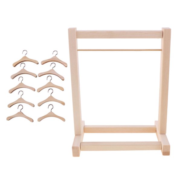 12inch Doll Clothes Rack Organizer Hanging Shelf & 10pcs Clothes Hangers Metal Hook for 1/6 Blythe Doll Doll Furniture, Wooden