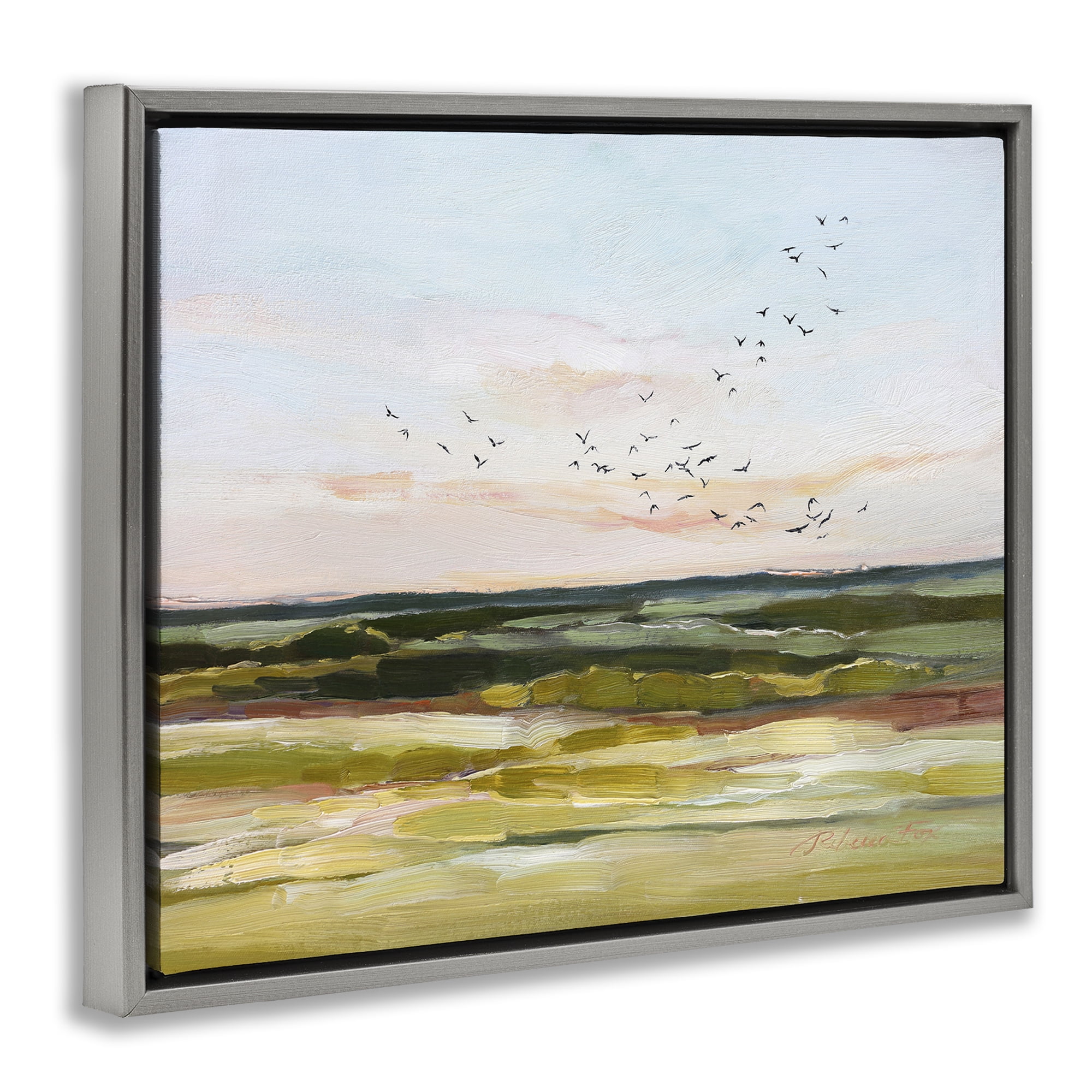Stupell Industries Bird Flock over Grassland Landscape & Nature Painting Gray Floater Framed Canvas Art Print Wall Art, 31 x 25