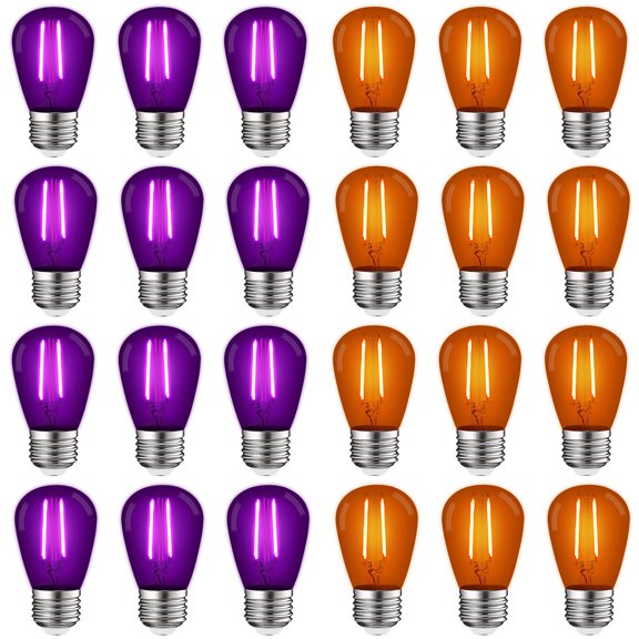 Luxrite 24-Pack S14 Halloween LED Purple and Orange Light Bulbs, 0.5W, Outdoor String Lights, UL, E26, Indoor Outdoor, Party Bulbs