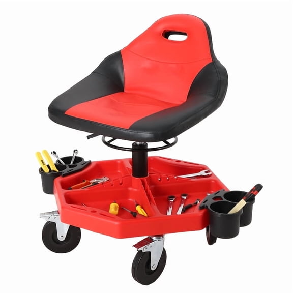 Towallmark 19"-24" Rolling Shop Stool, 300LB Capacity Heavy Duty Mechanic Seat With Tool Tray, 3 Inch Locking Swivel Wheels, Adjustable Height, Soft Cushion, Red