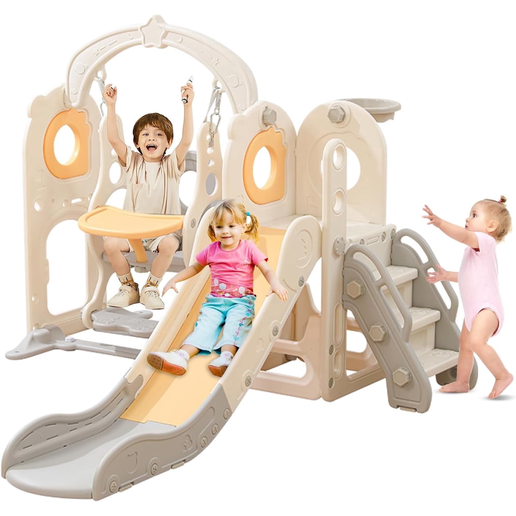 Freestanding Toddler Slide with Swing Set 6 in 1 Kids Indoor Playset L Shaped Slide with Basketball Hoop for Toddlers 1-3 Beige