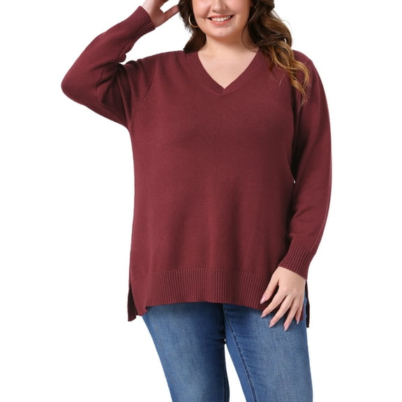 Agnes Orinda Plus Size Sweater for Women V Neck Long Sleeve Pullover Slit Hem Knit Fall Winter Blouse 2X Red