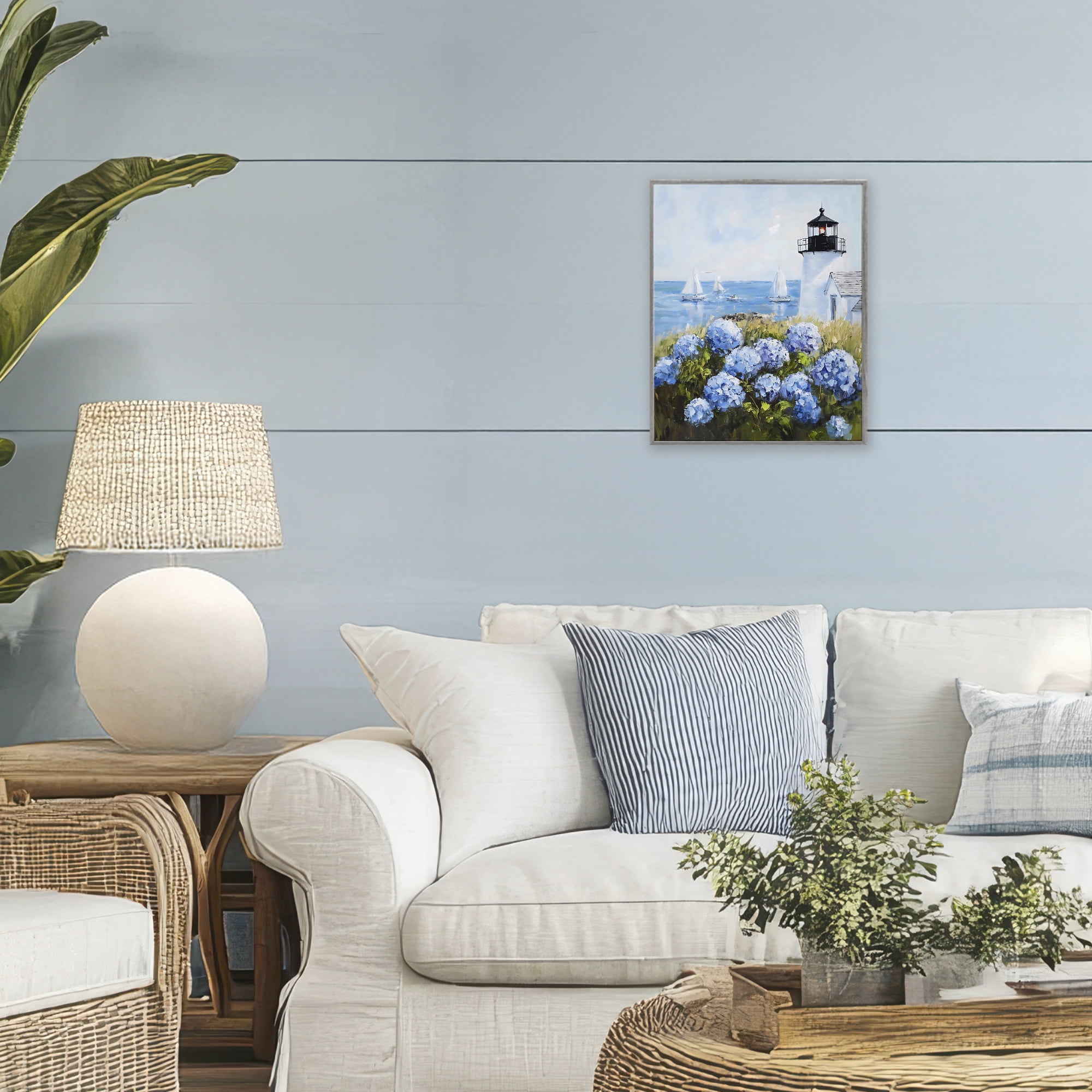 Stupell Industries Lighthouse Surrounded by Hydrangeas Gray Framed Giclee Art, design by Arlington Prints