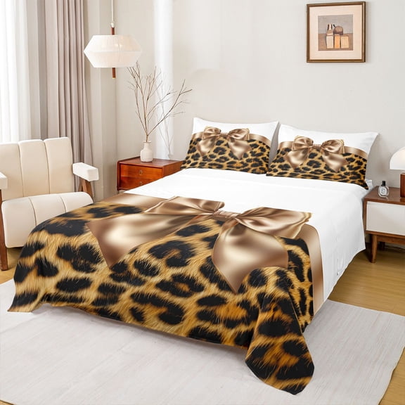 Feelyou Fashion Brown Bow Twin Sheet Sets, Polkadots Cheetah Print Bedding, 3pcs