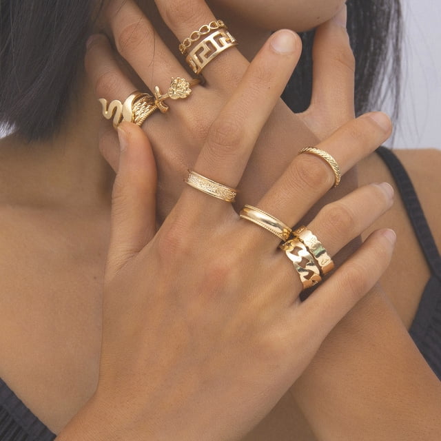Anillos para mujer, regalos para mujer, conjunto de 10 piezas de rosa con forma de serpiente geométrica vintage, diseño personalizado de hip hop, anillo popular.