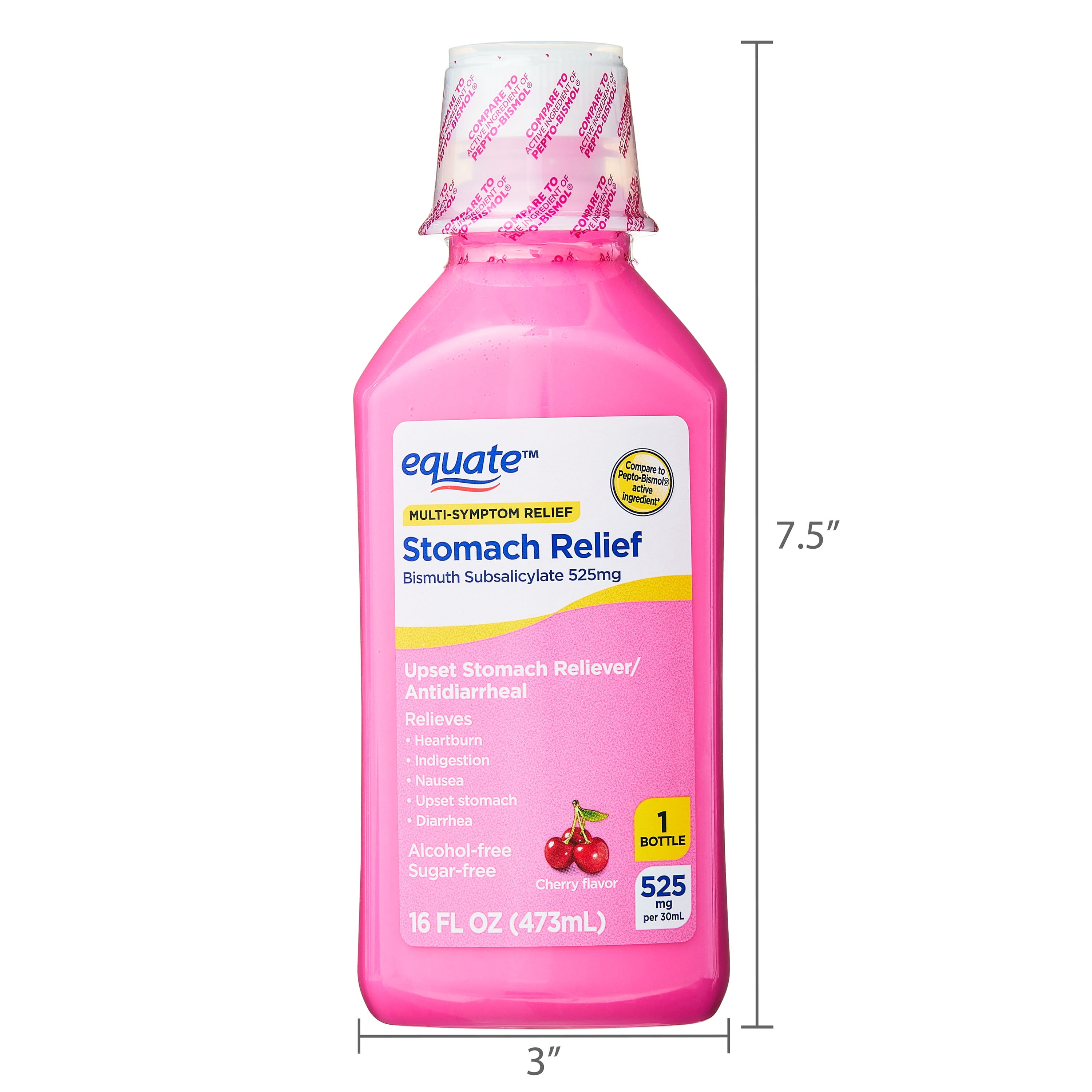 Equate Bismuth Liquid, Mulit Symptom Relief for Upset Stomach Reliever and Antidiarrheal, 525mg, Cherry flavor, 16 fl oz, Compare to Pepto-Bismol Active Ingredient
