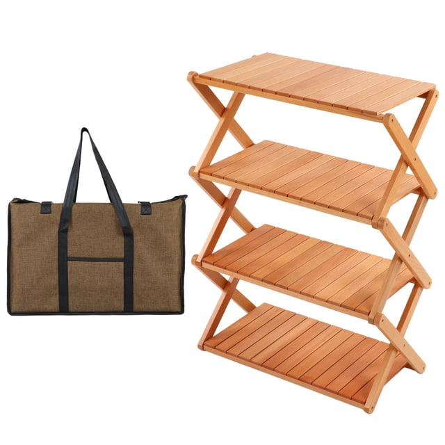 Outdoor Camping Solid Wood Folding Rack Multilayer Portable Storage Wooden Table for Barbecue Self Driving Tour