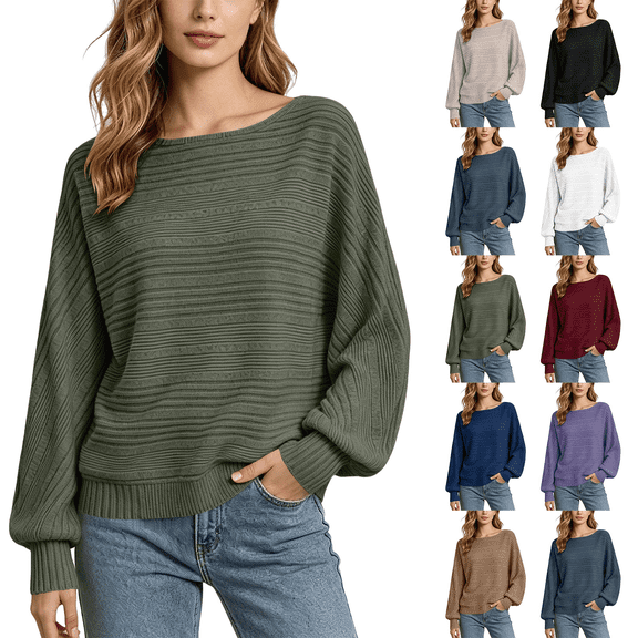 Women's Long Sleeve Solid Color Shirts Oversized Batwing Knit Tops Crew Neck Casual and Trendy Pullover Top Winter Fashion Outfits