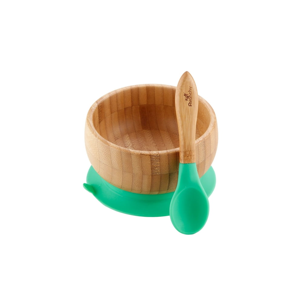 Avanchy Bamboo Stay Put Suction Baby Bowl + Spoon Green