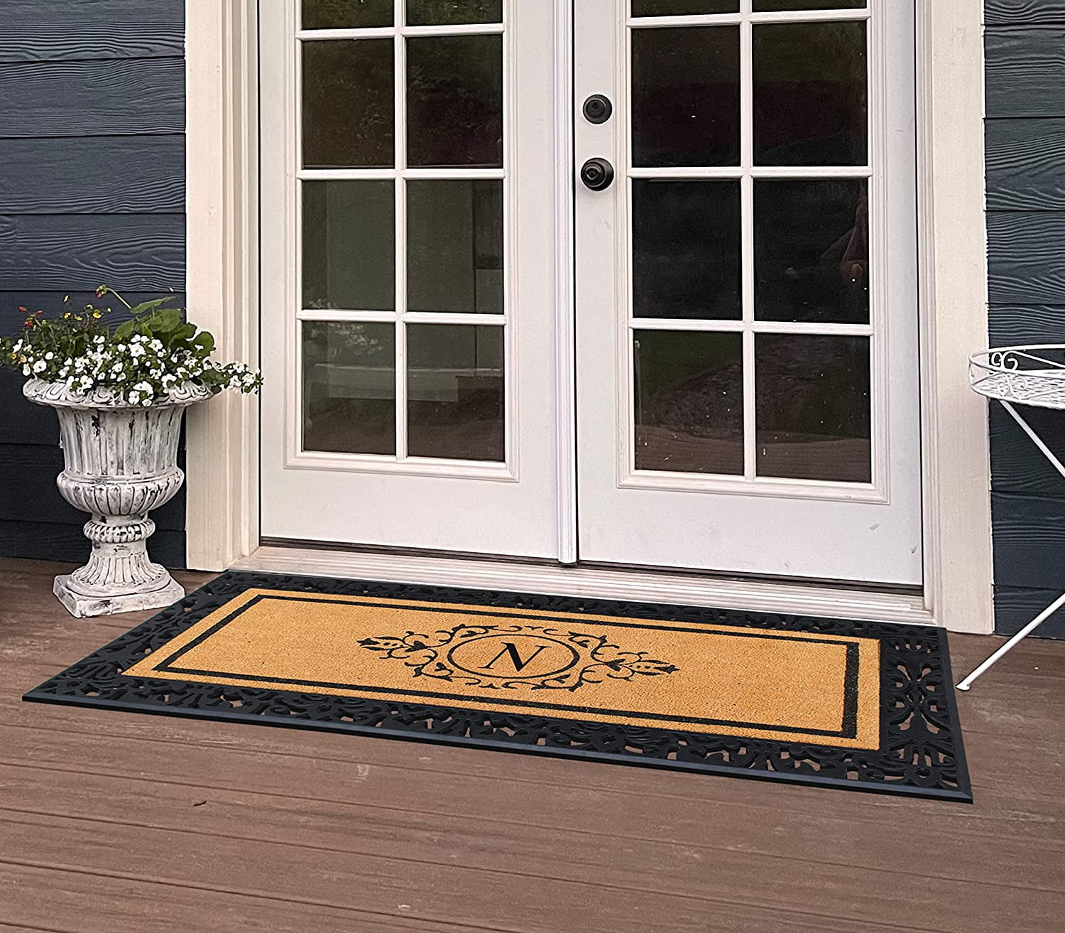 A1HC Natural Coir and Rubber Black Paisley Hand-Flocked Monogrammed Doormat, 30"x60", Durable Low Profile Heavy Duty Outdoor Front Door Mat