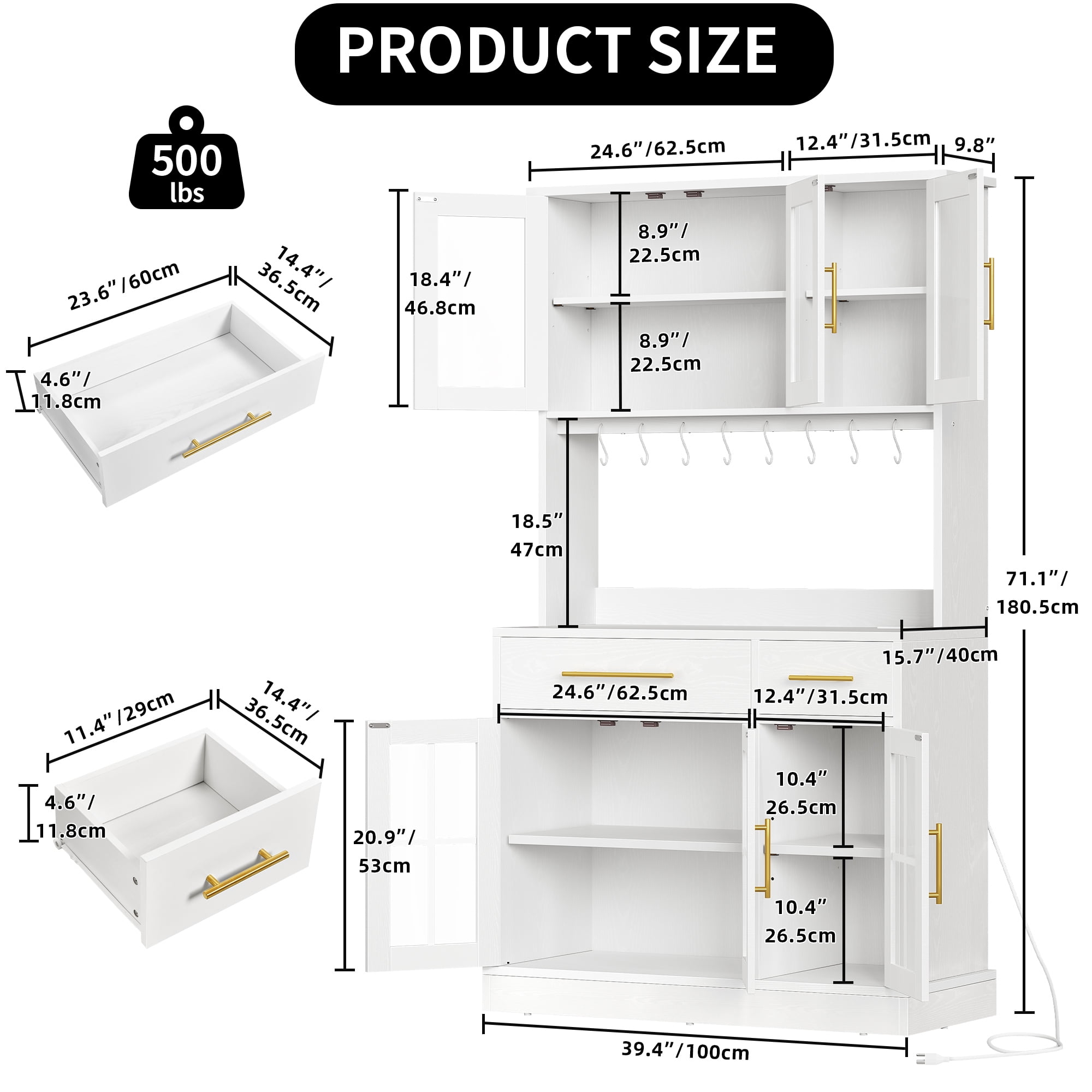 DEXTRUS Freestanding Pantry Cabinet With Door And Power Outlet, 2 Drawers, White, 71 Inch