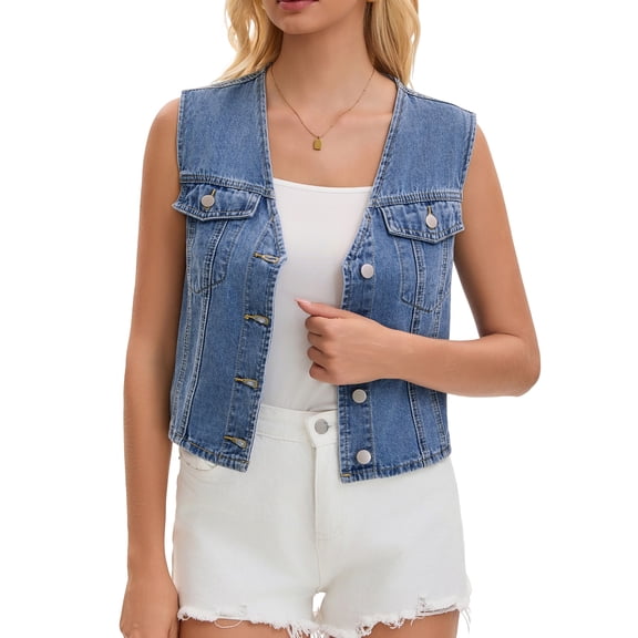 DARING DIVA Women's V Neck Button Up Sleeveless Cropped Denim Vest S Light Blue