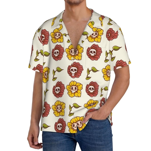 Balery Sunflowers And Skull Camisa Casual de Manga Corta con Botones para Hombre, Texturizada, Estilo Cubano, para Playa, Verano-Medium