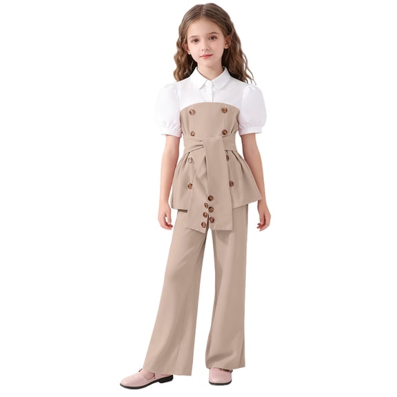 CPNG Girl's Summer Formal Wear 2 Piece Outfits Teen Girls Puff Sleeve Belted Blouse Top and Bell Bottom Pants Set(Khaki,8 Years)