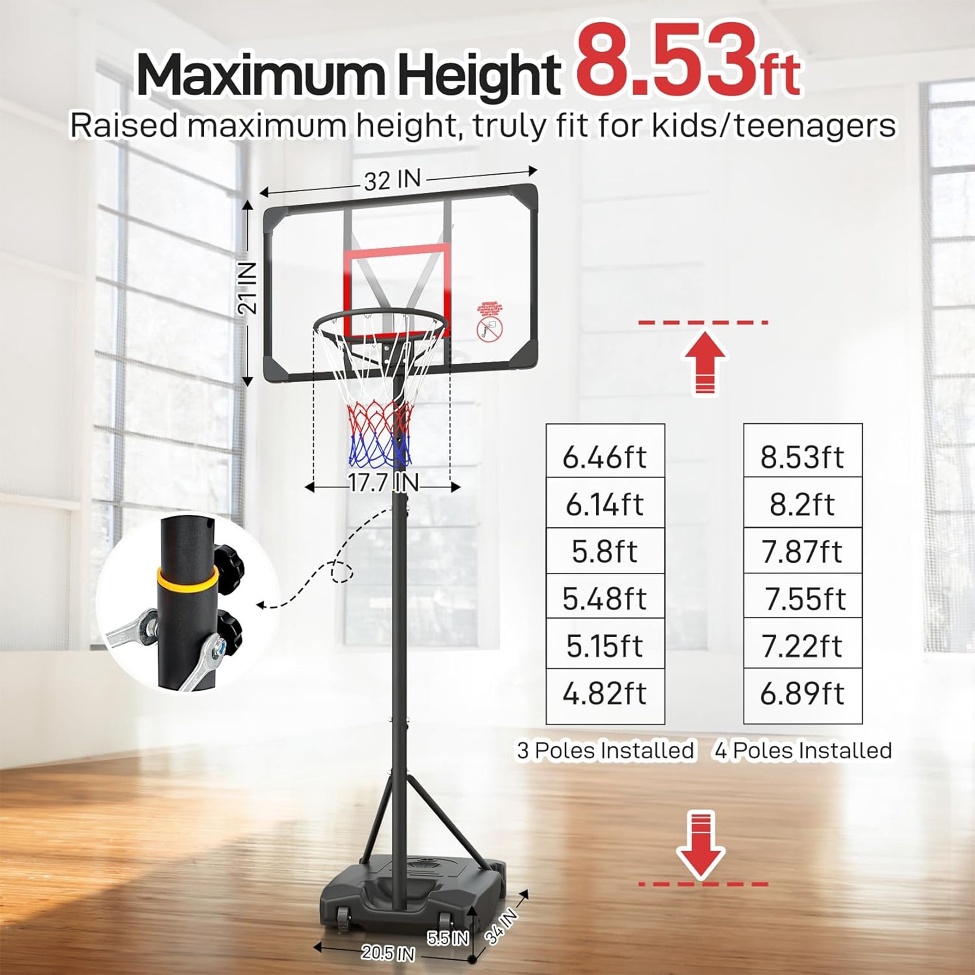 Toremore 33" Portable Basketball Hoop Outdoor Adjustable, 4.82-8.53FT, Kid Basketball Hoop Goal System with Shatterproof PC Backboard for Kids Youth and Adults,Black&Red