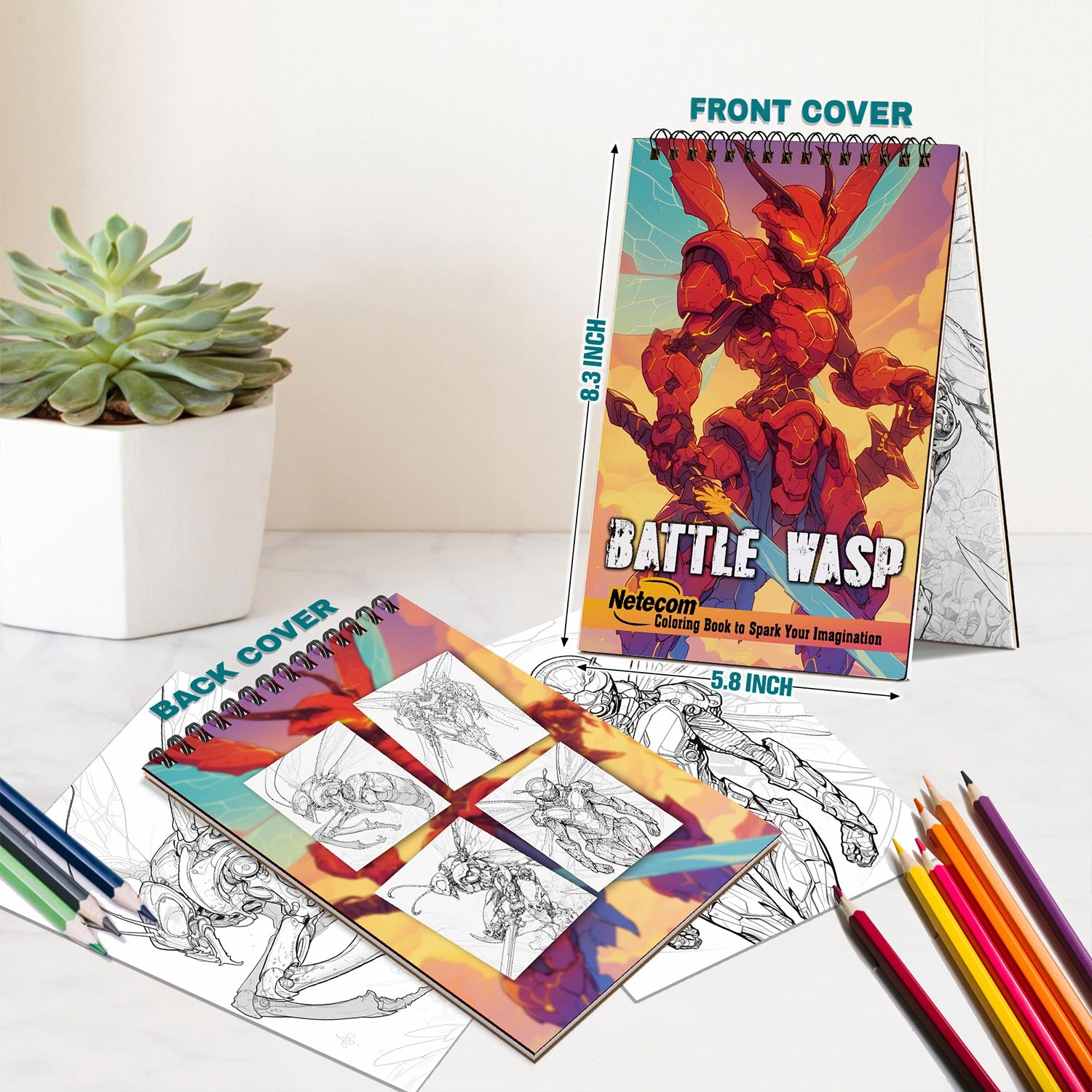 Netecom Battle Wasp Coloring Book for Adults, A5 Wooden Cover, Spiral Bound Edition, 30 Enchanting Coloring Pages of Mighty Wasp Warriors for Stress Relief and Relaxation