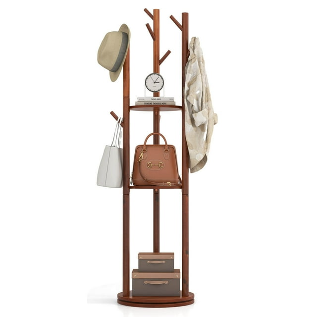 Costway Perchero De Madera, Giratorio Con 9 Ganchos Y 3 Estantes De Almacenamiento Para Colgar Abrigos, Sombreros, Bolsos Y Bufandas, Para Entrada, Dormitorio, Pasillo, Oficina, Nogal