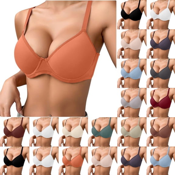 FYEGRE Women's Underwire Push Up Bra, Solid Color Thin Comfort Bra, Breathable Support T-Shirt Bra with Adjustable Straps, Everyday Wear 70C Orange