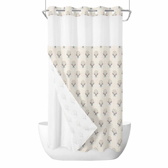 No Hook Bohemia Shower Curtain with Snap in Liner Set, Modern Boho Floral Plants Minimalist Abstract Beige Waterproof Bathroom Curtains with See Through Top Window, Hotel Style Small 36 x 78 Inch