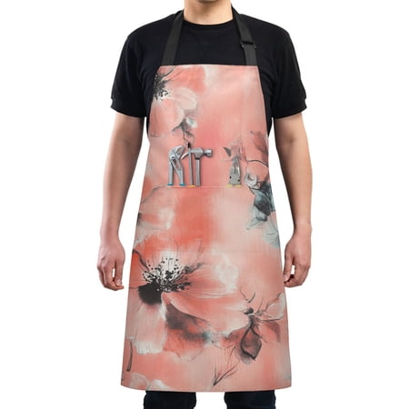 Pink Ink Style Floral Chef Kitchen Apron with Pockets for Women Waterproof Aprons for Cooking Baking
