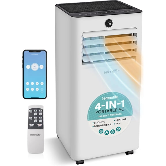 SereneLife 8,000 BTU Portable Air Conditioner and Heater, Small AC with Dehumidifier and Fan, Wifi Function, Mini AC Unit with 350 Sq. Ft. Coverage, Includes Remote Control and Window Mount Kit