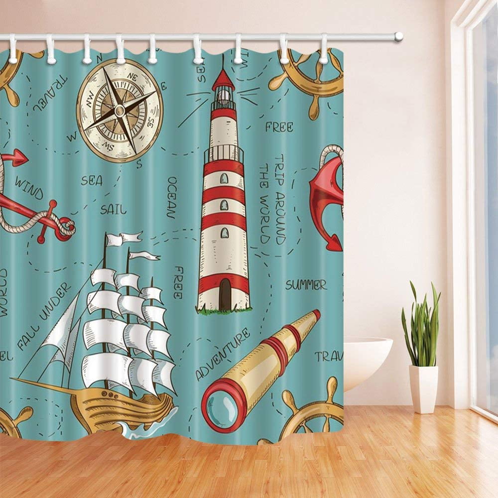 BPBOP Nautical Decor Wooden Sailboat and Lighthouse Polyester Fabric