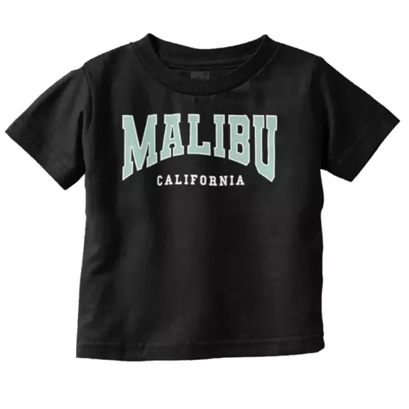 Cool Malibu City California Varsity Athletic Toddler T Shirt TODDLER SHORT SLEEVE TEE BELLA CANVAS 3001T
