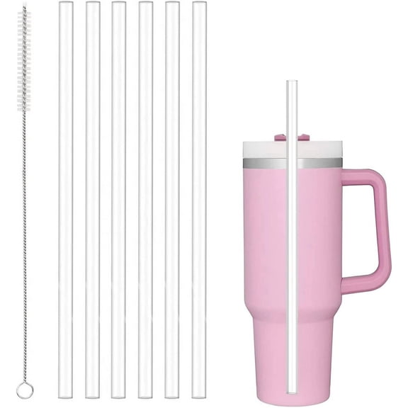6 Pack Reusable Straw with Cleaning Brush, Plastic, Clear