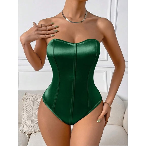 Dark Green Satin Strapless Corset Bodysuit With Tummy Control