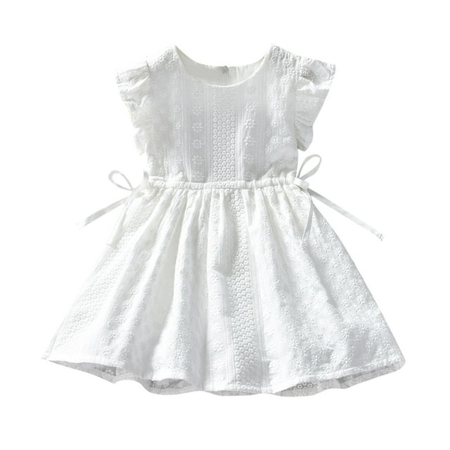 Robes d'Été pour Filles Décontractées en Liquidation Robe d'Été en Coton à Manches à Volants Brodée Décontractée Plage Nouvelle Blanche 5 Ans