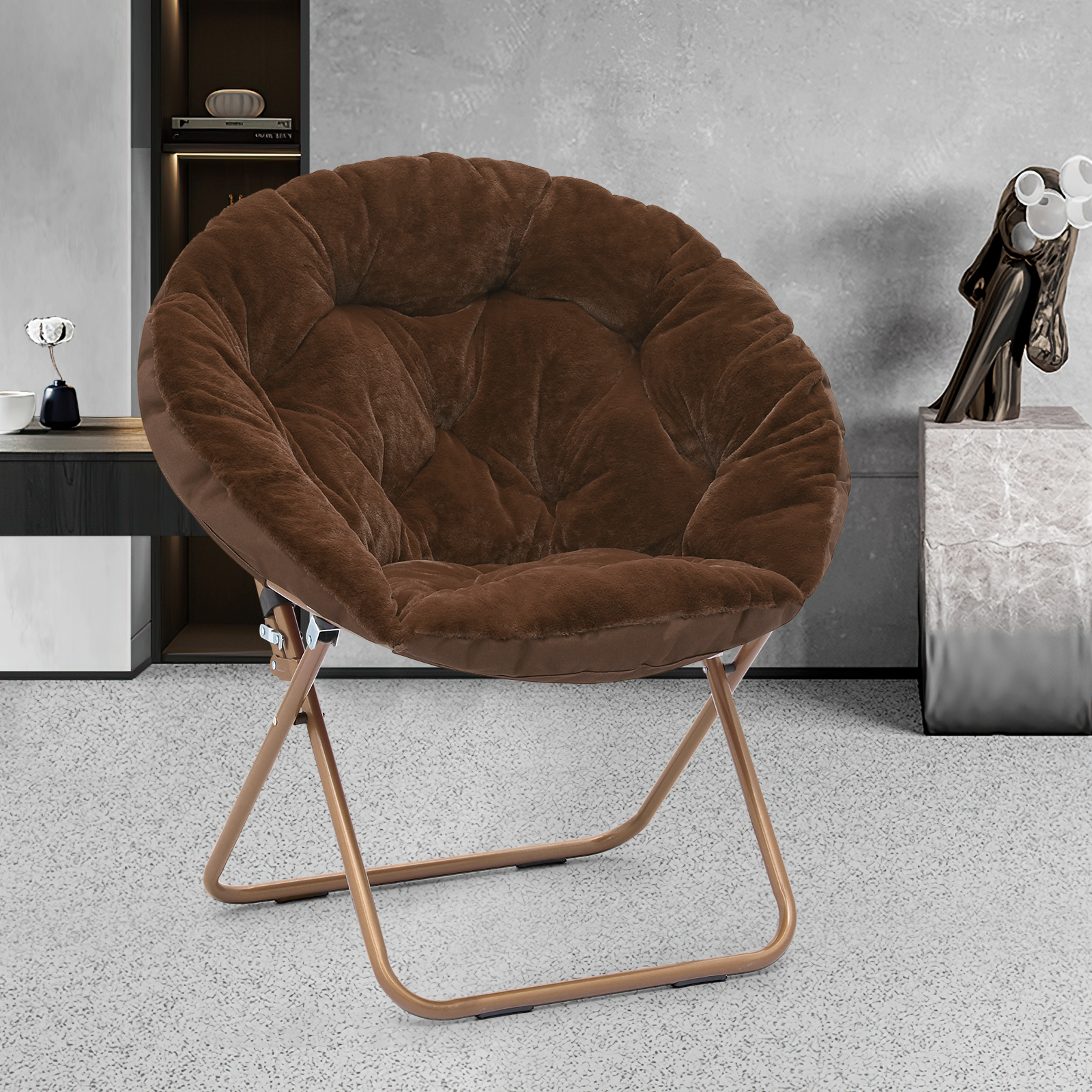 Magshion Folding Lounge Chair Comfy Faux Fur Saucer Chair, Cozy Moon Chair Seating with Metal Frame for Home Living Room Bedroom, Brown - image 3 of 10