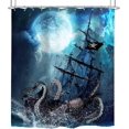 thumbnail image 2 of Octopus Pirate Ship Shower Curtain 72Wx72H Nautical Ocean Kraken Sea Waves Kids Boys Man Bathroom Curtain Set Vintage Sailboat Navy Moon Night Bath Curtain Fabric Bathroom Decor with 12 Hooks, 2 of 5