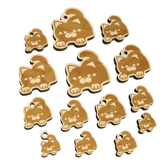Round Cat Stretching Wood Mini Charms Shapes DIY Craft Jewelry - With Hole - Various Sizes (16pcs)