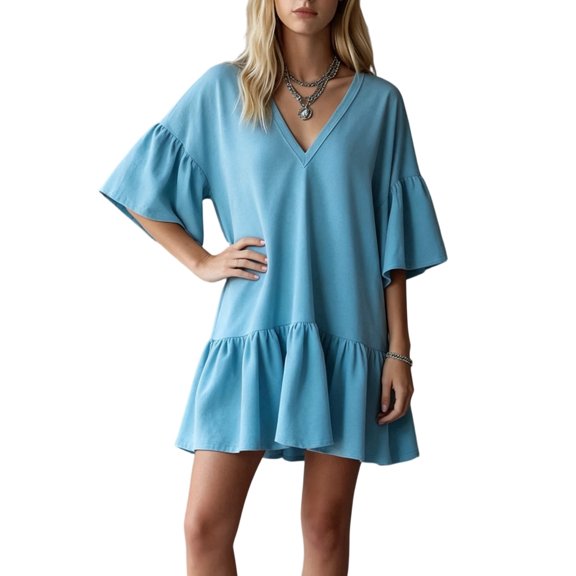 Women'S Summer Casual Dress, V-Neck Ruffle Sleeve Tiered for Mini Dress, Soft Comfy Fabric S