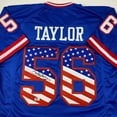thumbnail image 2 of Autographed/Signed Lawrence Taylor New York Blue USA American Flag Football Jersey Beckett BAS COA, 2 of 4