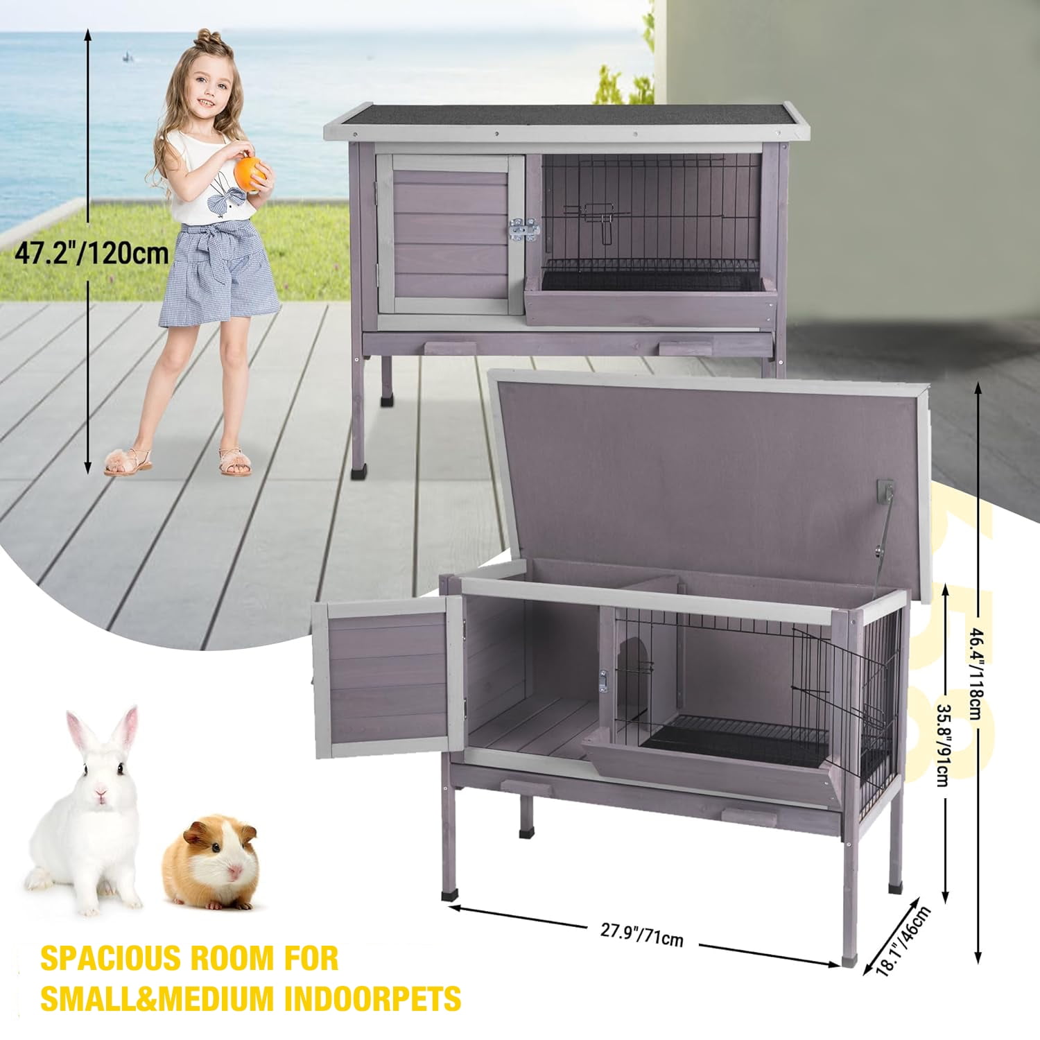 Aivituvin Rabbit Hutch, Wooden Bunny Cages Indoor with Deeper Leakproof Tray - Upgrade with Metal Wire Pan (Grey, Rabbit Hutch #001-B) Large