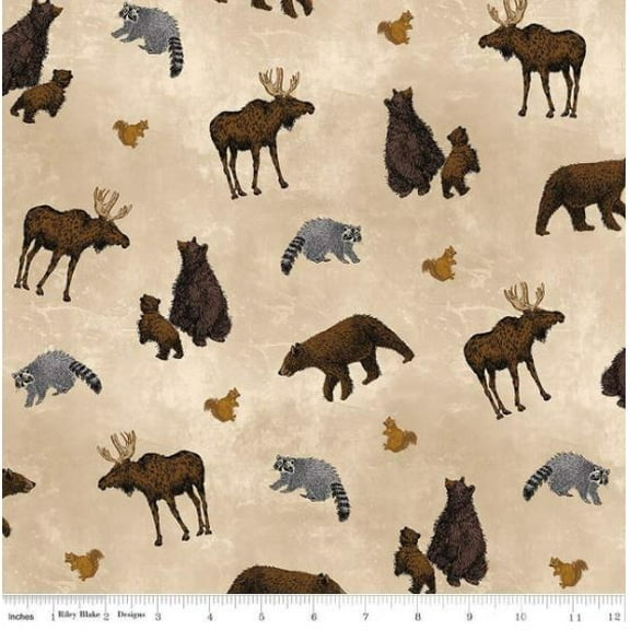 Cotton Pine Grove Woodland Animals Moose Bear Raccoon Squirrel Riley Blake Cotton Fabric Print by the Yard (C15931-putty)