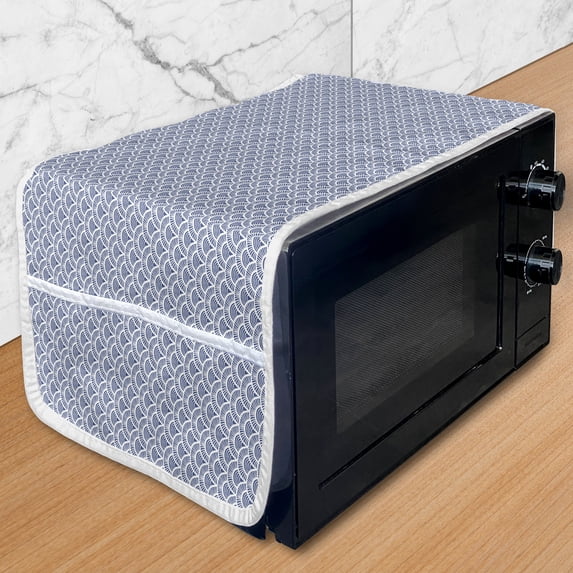 Japanese Microwave Oven Cover, Hand Drawn Style Art Deco Pattern with Bohemian Scales Vintage Curves and Stripes, Water Resistant Organizer with Pockets Kitchen, 36" x 12", Blue White, by Ambesonne