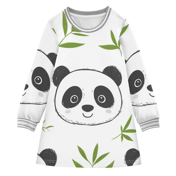 Cute Panda Faces Leaves Long-sleeved Dress A-line Dress for 2-8 Years Casual Party 2T