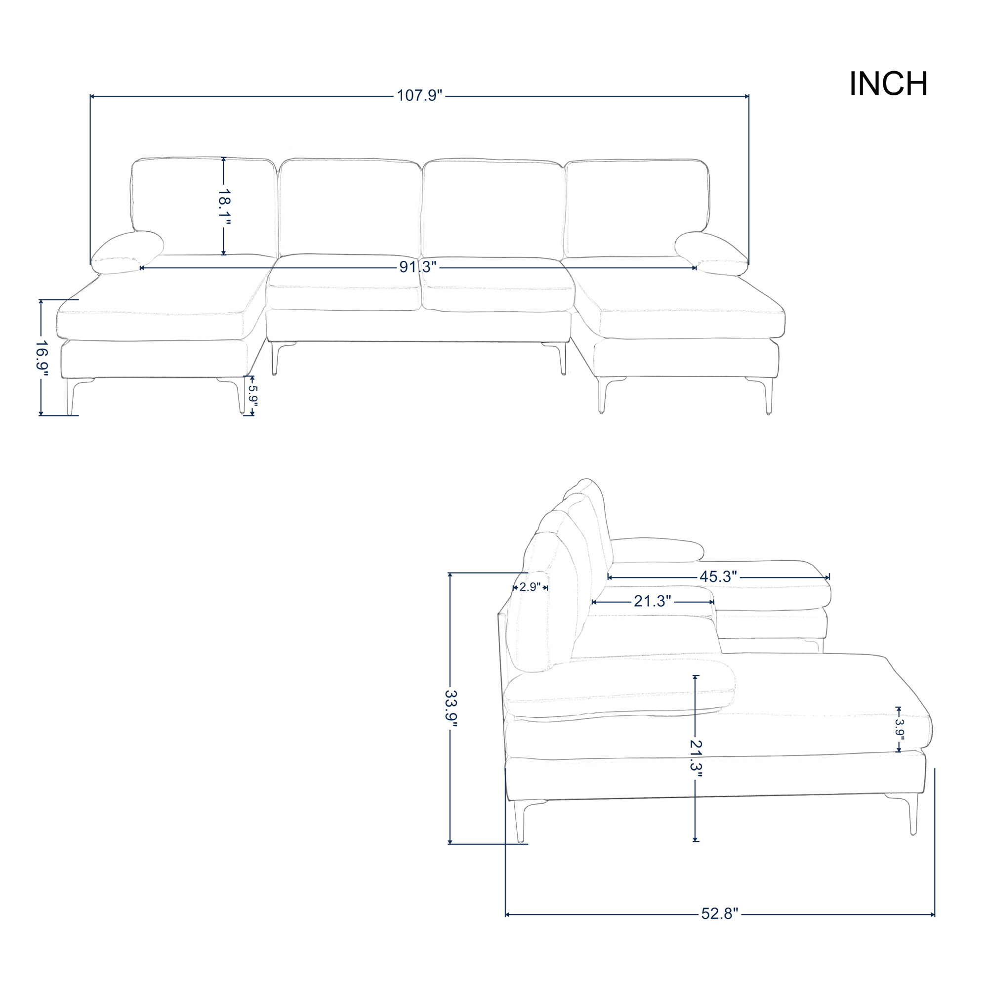 Aukfa 108" U-Shape Sectional Sofa for Living Room, Double Extra Wide Chaise Lounge Couch, Black