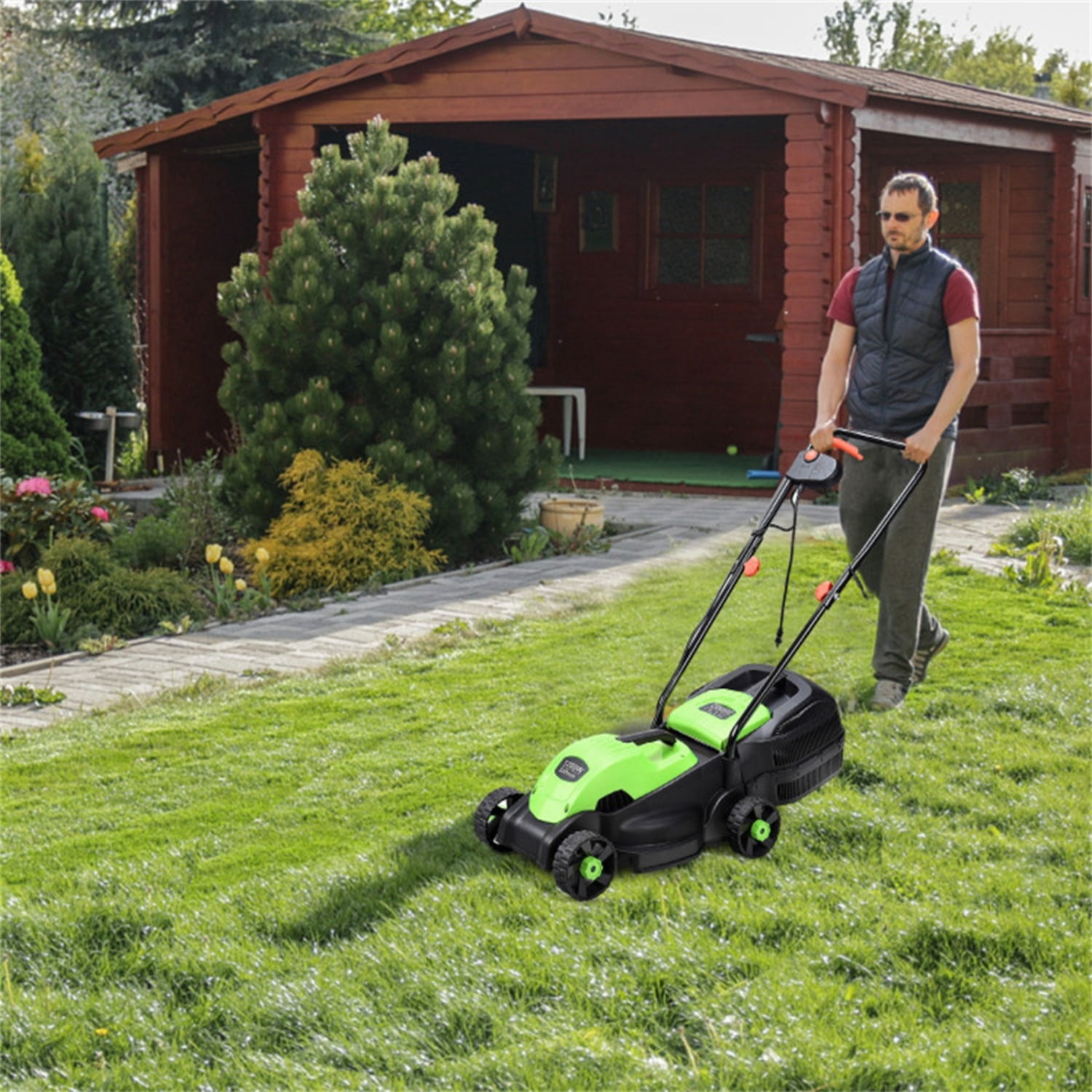 13-Inch Electric Lawn Mower with 8 Gal Grass Collection Box, 3 Adjustable Cutting Heights, Lightweight 15.5LBS Push Mower for Garden - Green