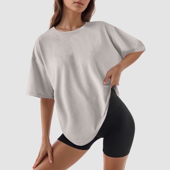 Rggeeun Women'S Shirts Plus Size Loose Flowy Solid Color Wide Half Sleeve Crew Neck Soft Breathable Smooth for Summer Play Sports Leisure Tshirts,Gray,L