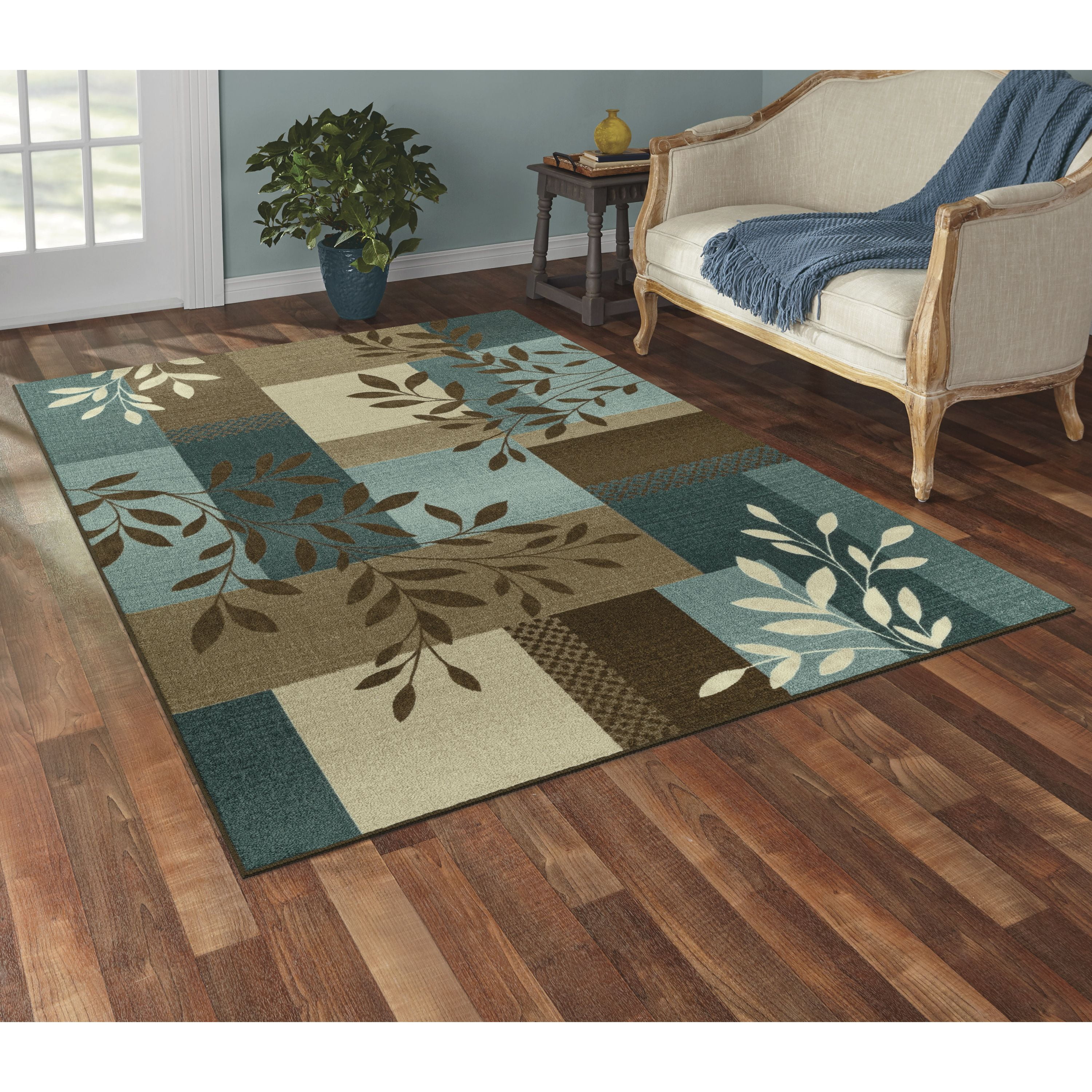 Mainstays Traditional Leaf Block Blue Brown Print Indoor Area Rug, 5' x 7'